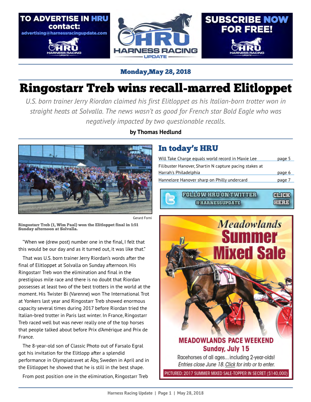 Ringostarr Treb Wins Recall-Marred Elitloppet U.S