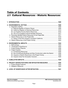 Table of Contents J.1 Cultural Resources - Historic Resources