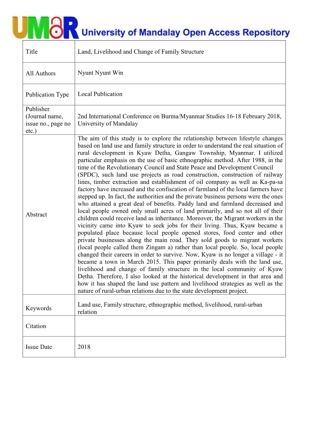 Title Land, Livelihood and Change of Family Structure All Authors Nyunt