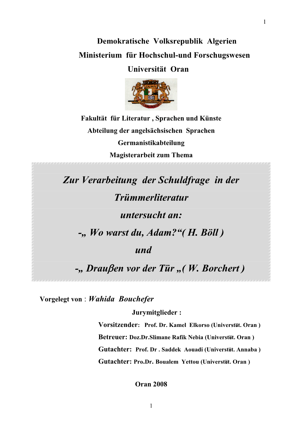 Zur Verarbeitung Der Schuldfrage in Der Trümmerliteratur Untersucht An: -„ Wo Warst Du, Adam?“( H