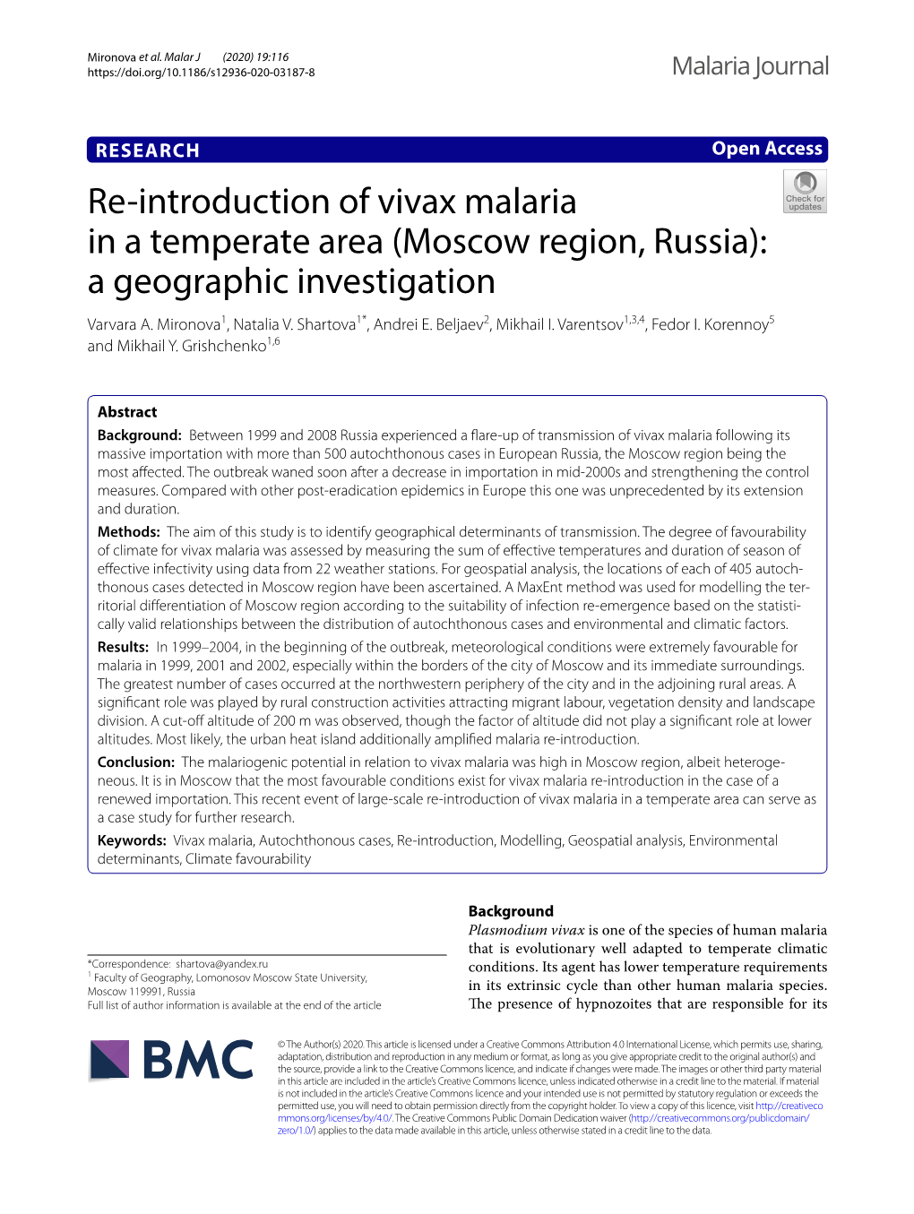 Re-Introduction of Vivax Malaria in a Temperate Area (Moscow Region, Russia): a Geographic Investigation