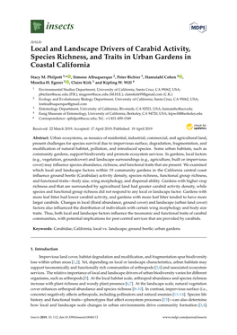 Local and Landscape Drivers of Carabid Activity, Species Richness, and Traits in Urban Gardens in Coastal California