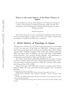 Arxiv:Math/0108072V1 [Math.HO] 10 Aug 2001 Nune[A] Ewoe(9712)Teﬁs Aaeetrac Japanese ﬁrst the (1917-1920) Wrote Topology