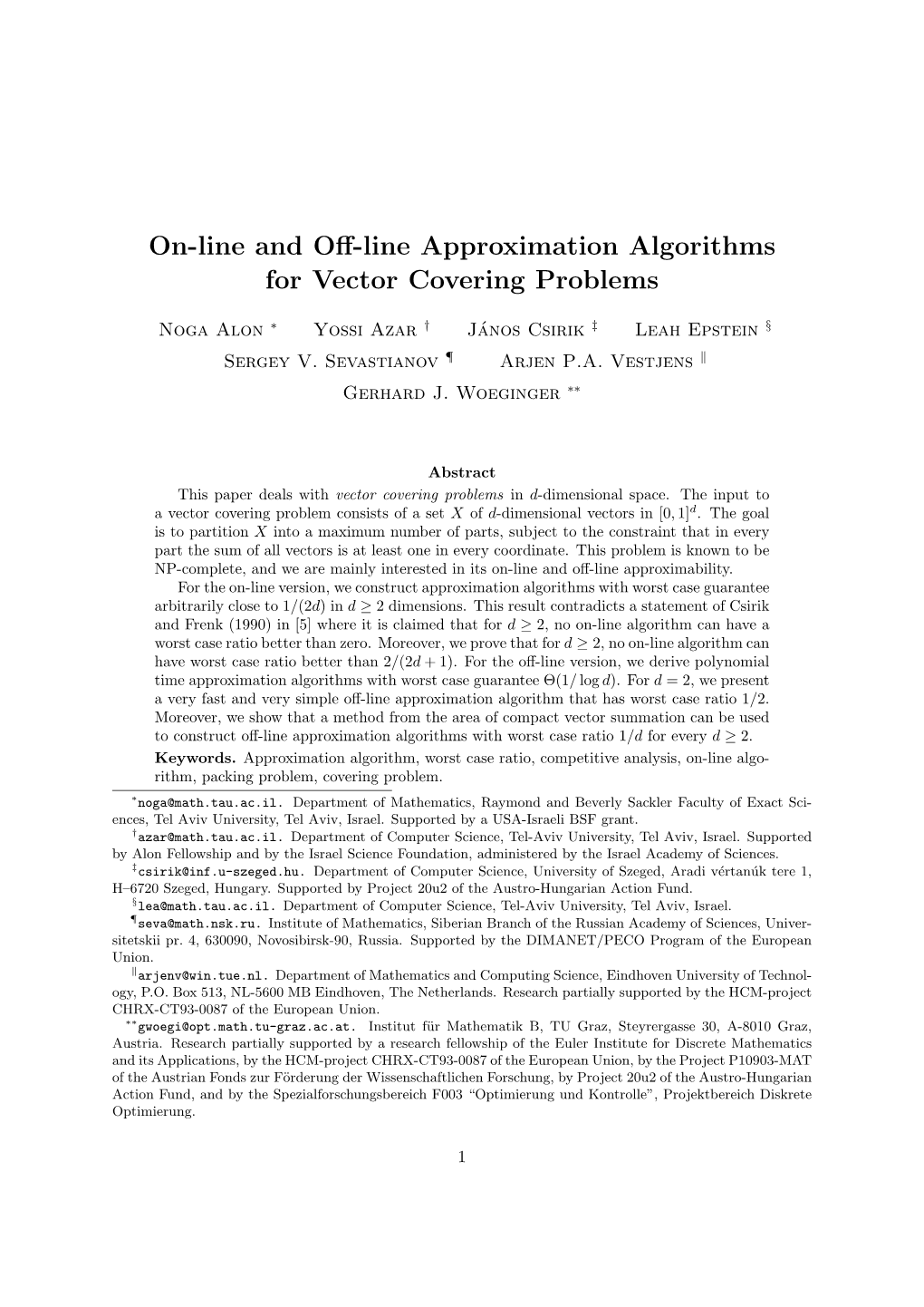 On-Line and Off-Line Approximation Algorithms for Vector Covering