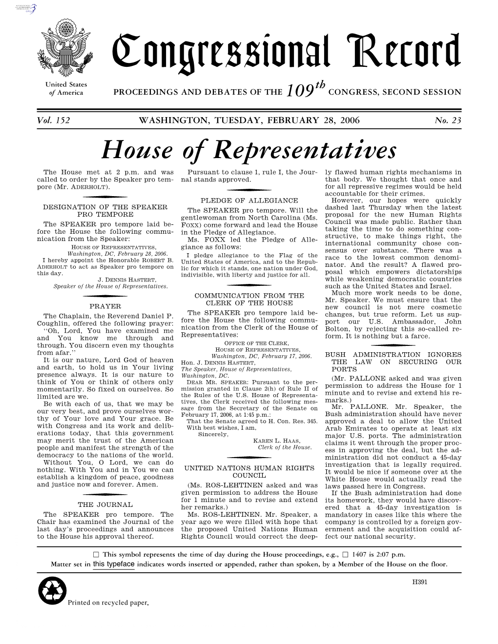 Congressional Record United States Th of America PROCEEDINGS and DEBATES of the 109 CONGRESS, SECOND SESSION