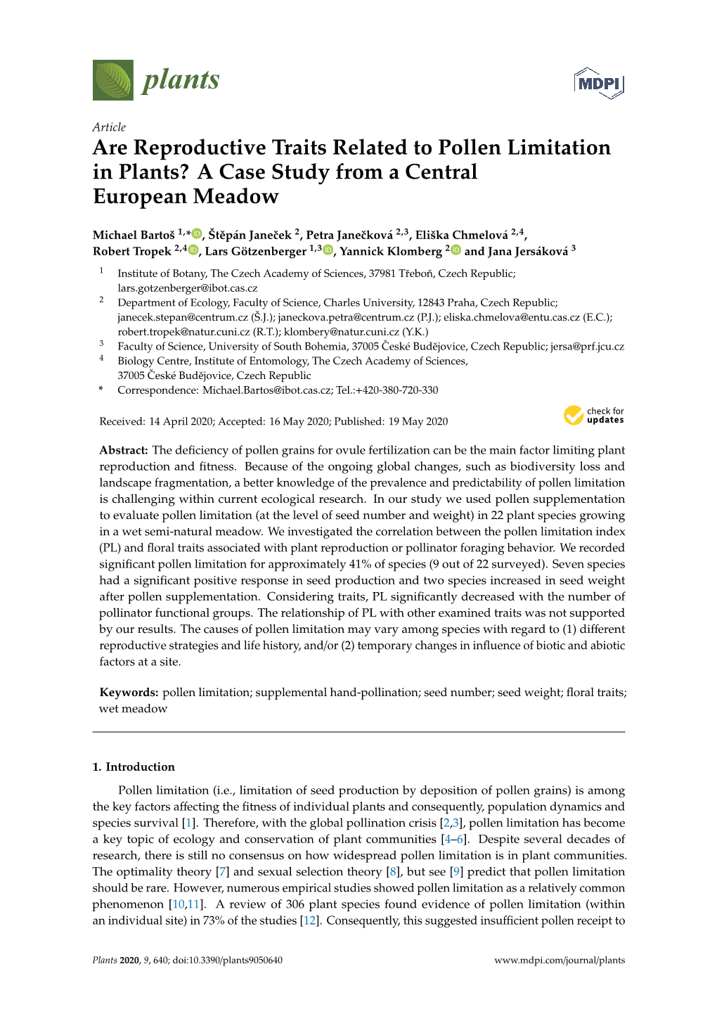 Are Reproductive Traits Related to Pollen Limitation in Plants? a Case Study from a Central European Meadow