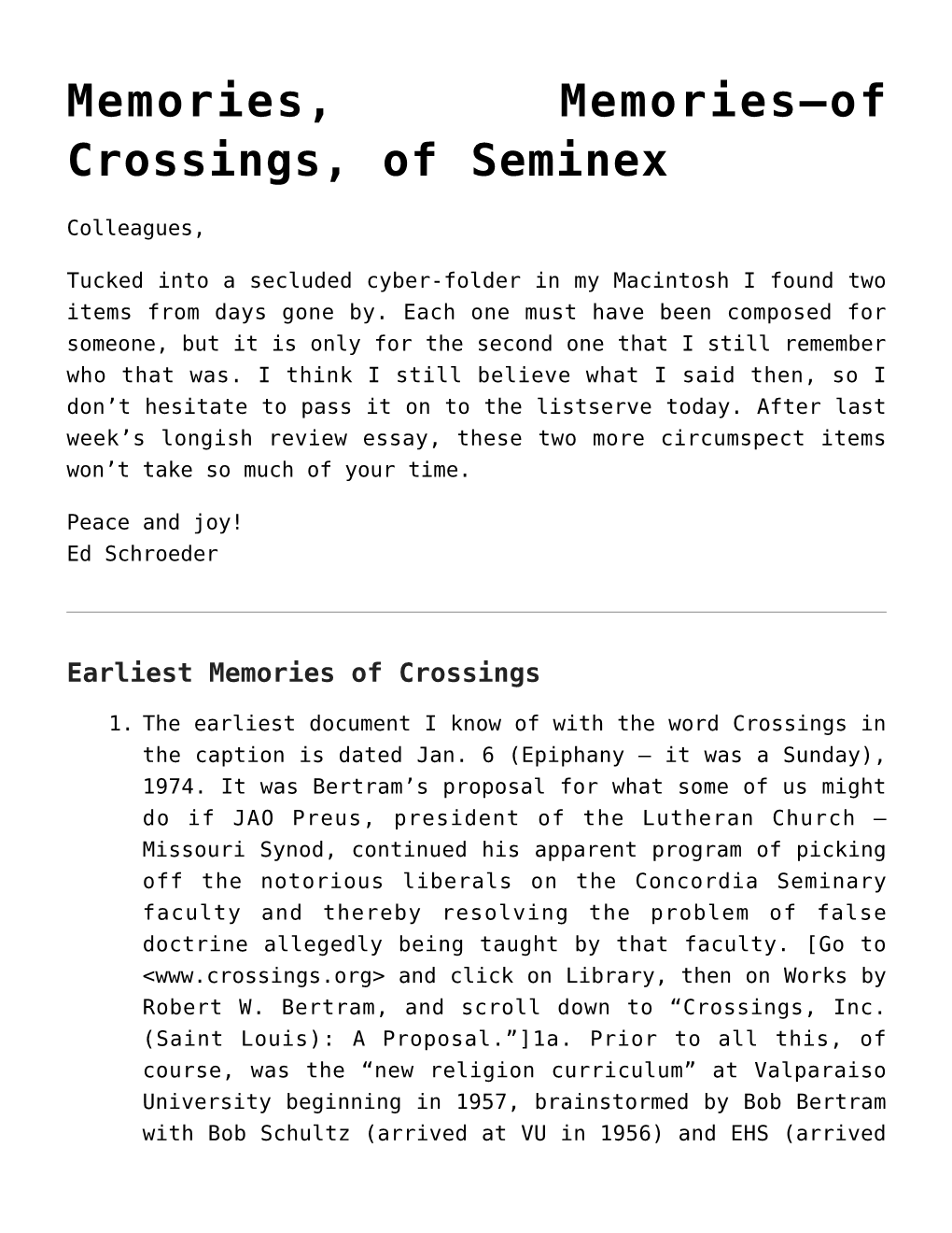 Of Crossings, of Seminex