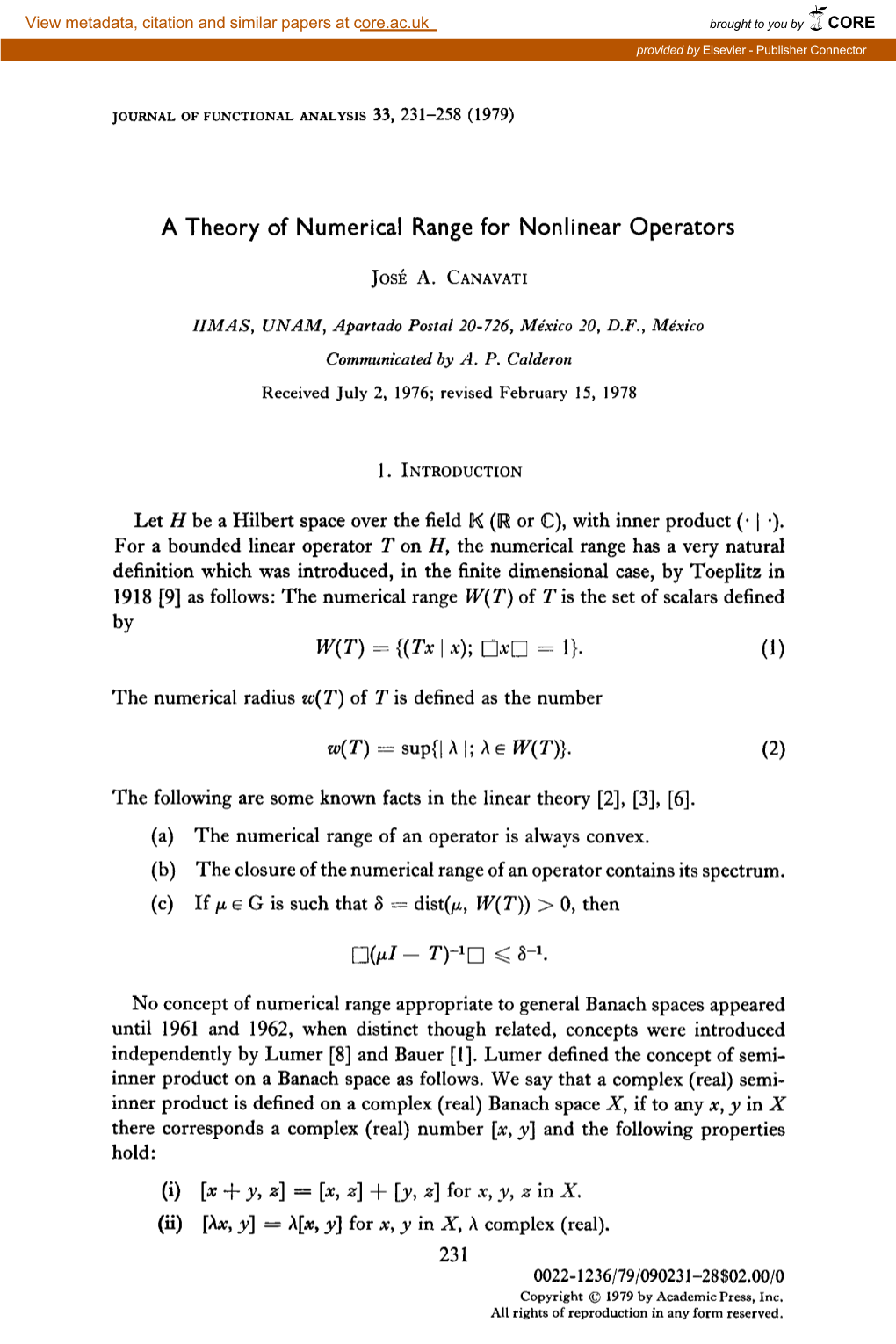 A Theory of Numerical Range for Nonlinear Operators Let H Be a Hilbert Space Over the Field K