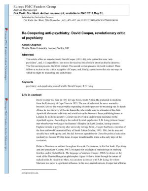 David Cooper, Revolutionary Critic of Psychiatry