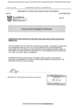 539: Administration of Estates Act (66/1965): Unclaimed Funds in Terms of Section 91 of the Act: Master of the North Gauteng