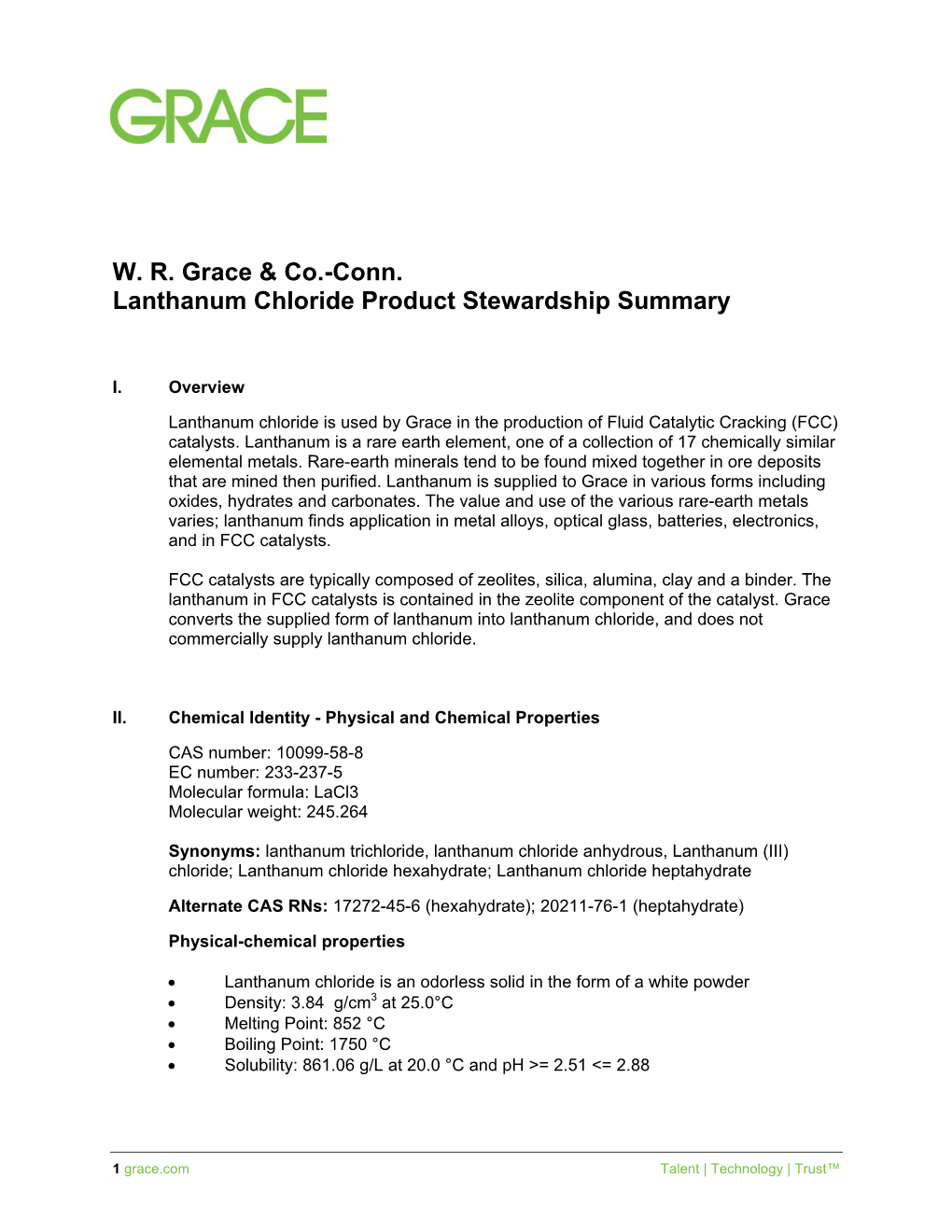 W. R. Grace & Co.-Conn. Lanthanum Chloride Product Stewardship