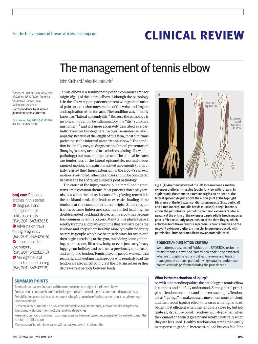CLINICAL REVIEW the Management of Tennis Elbow
