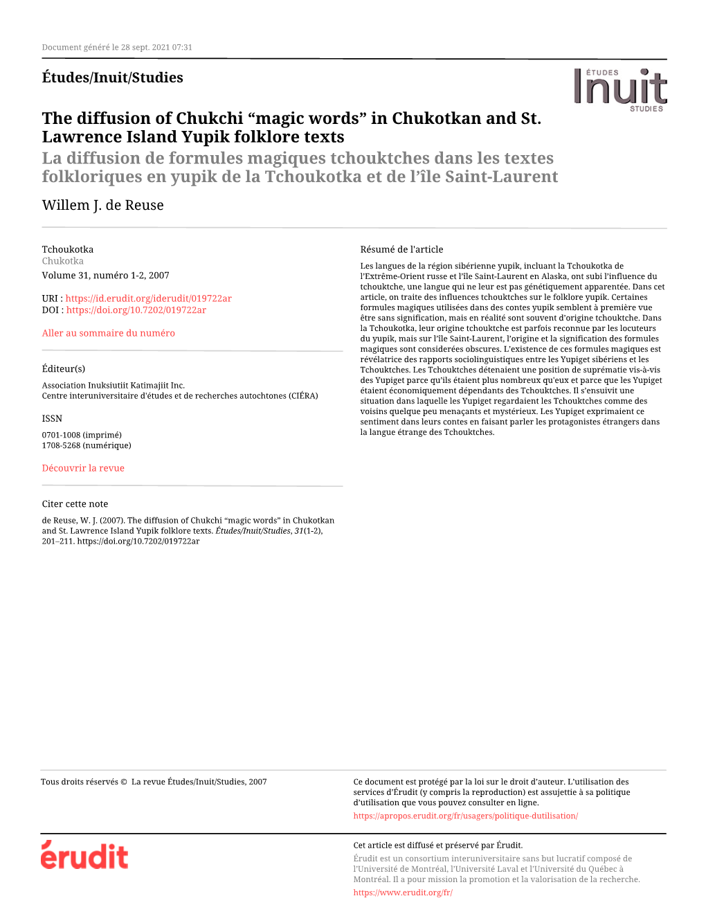 The Diffusion of Chukchi “Magic Words” in Chukotkan and St. Lawrence Island Yupik Folklore Texts