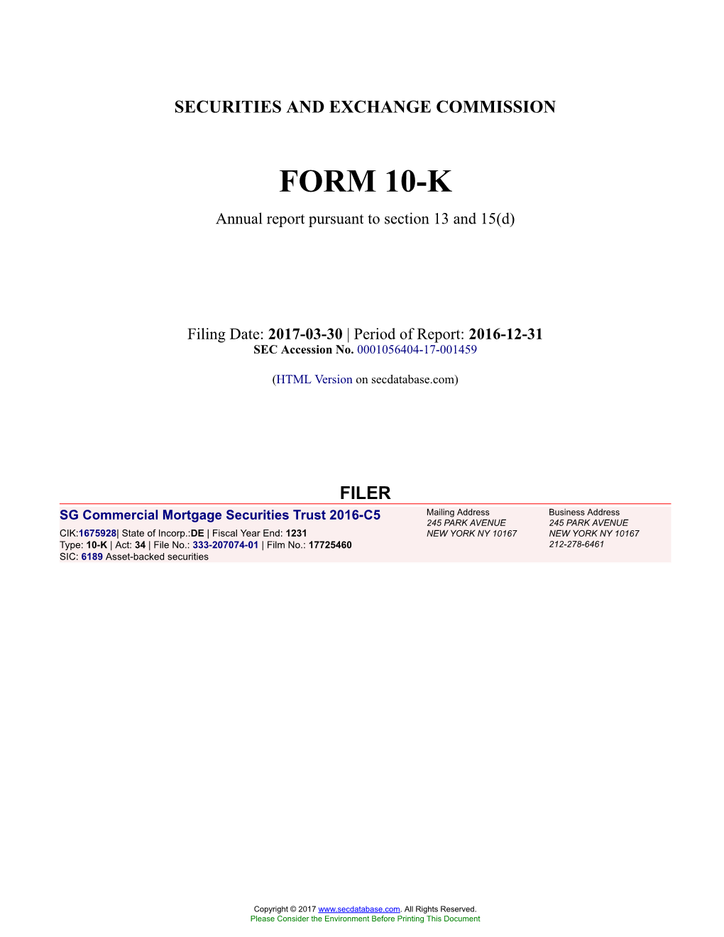 SG Commercial Mortgage Securities Trust 2016-C5 Form 10-K Annual