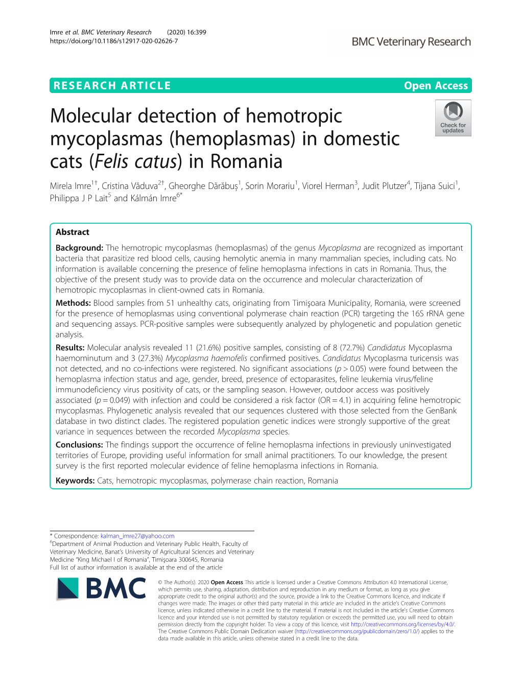 Molecular Detection of Hemotropic Mycoplasmas (Hemoplasmas)