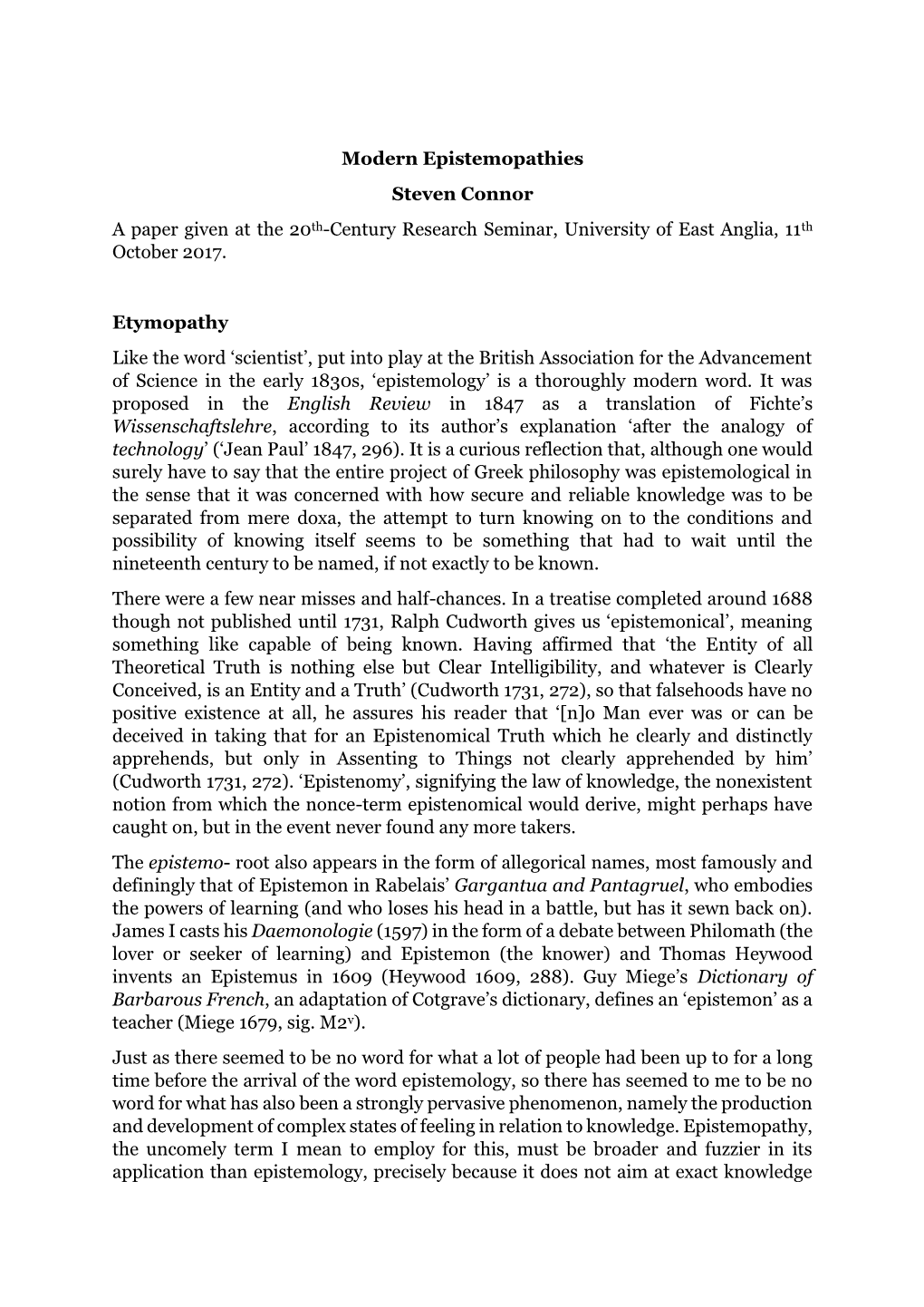 Modern Epistemopathies Steven Connor a Paper Given at the 20Th-Century Research Seminar, University of East Anglia, 11Th October 2017