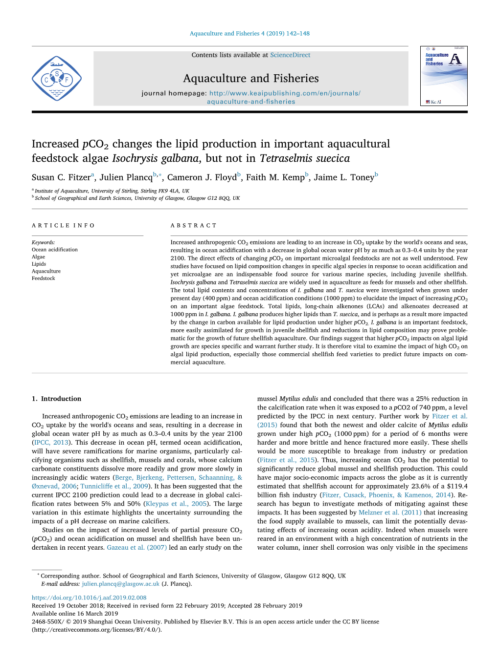 Increased Pco2 Changes the Lipid Production in Important Aquacultural Feedstock Algae Isochrysis Galbana, but Not in Tetraselmis Suecica