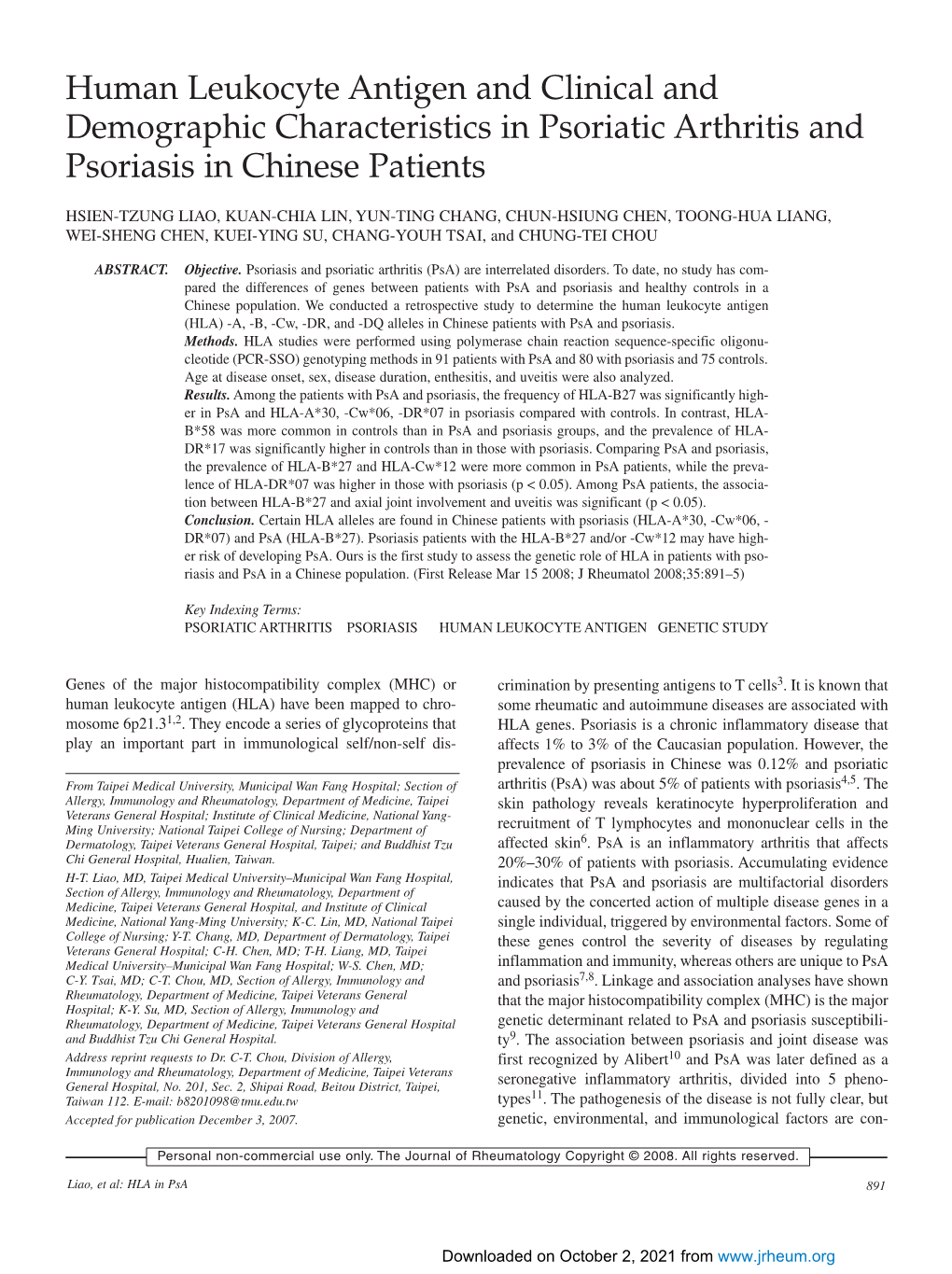 Human Leukocyte Antigen and Clinical and Demographic Characteristics in Psoriatic Arthritis and Psoriasis in Chinese Patients