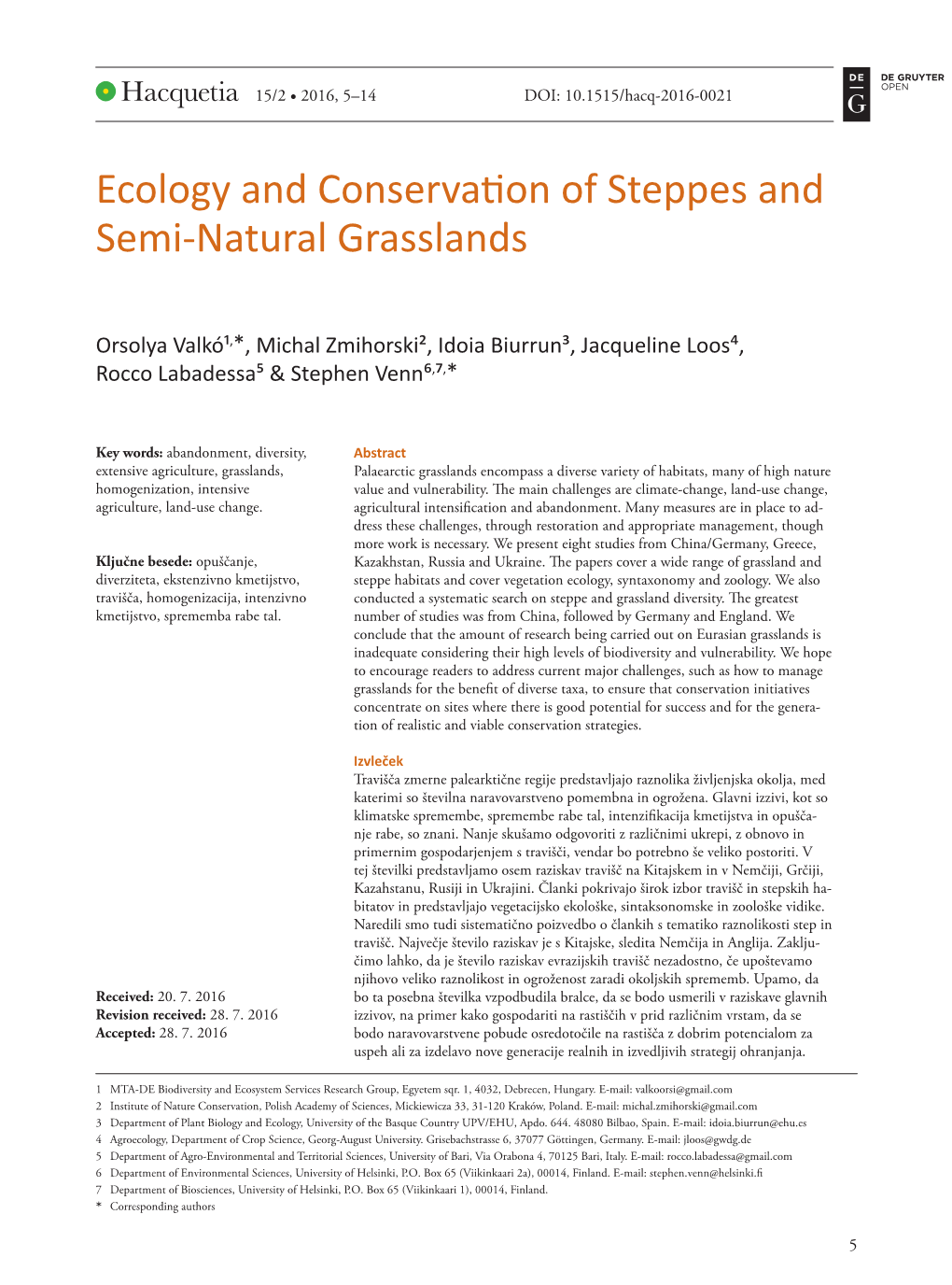 Ecology and Conservation of Steppes and Semi-Natural Grasslands