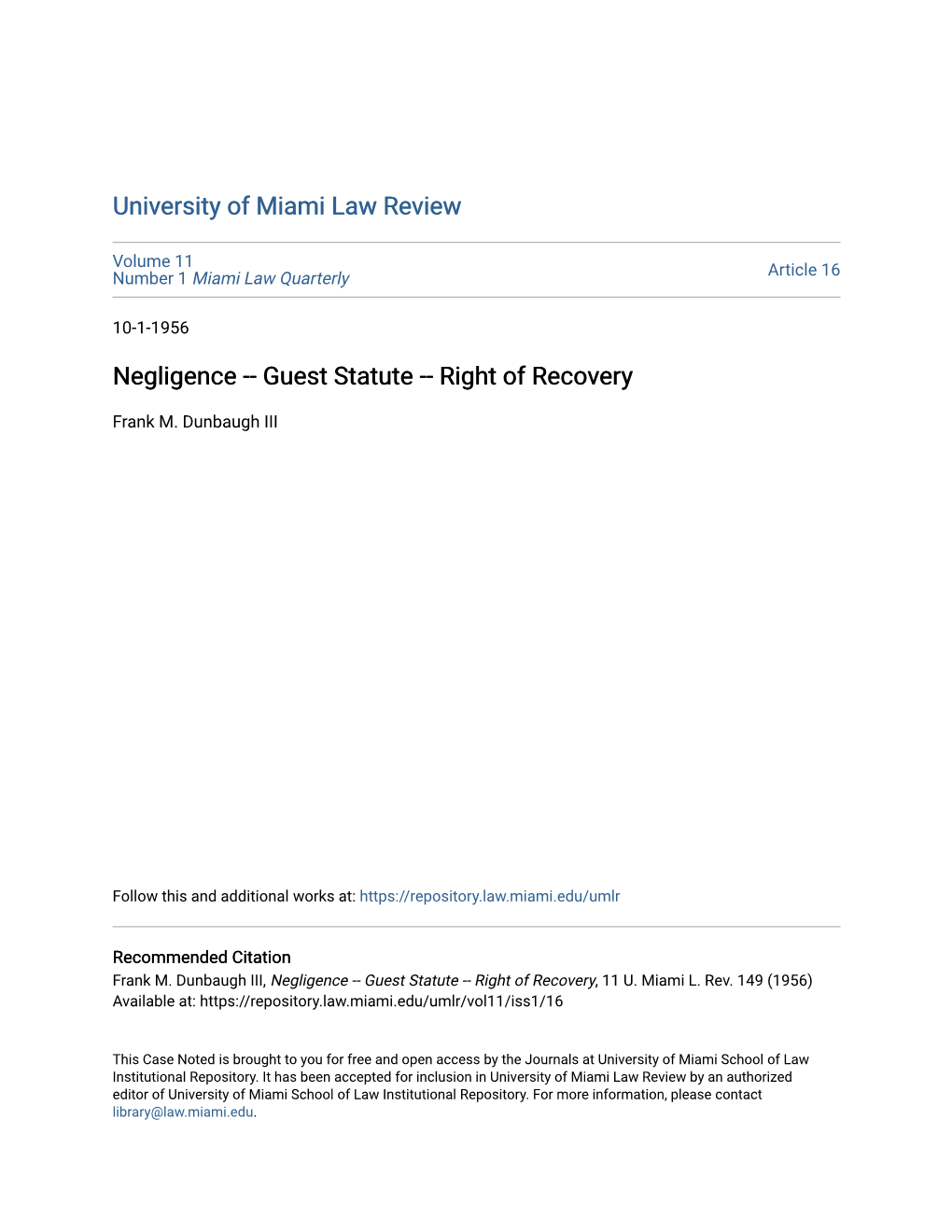 Negligence -- Guest Statute -- Right of Recovery