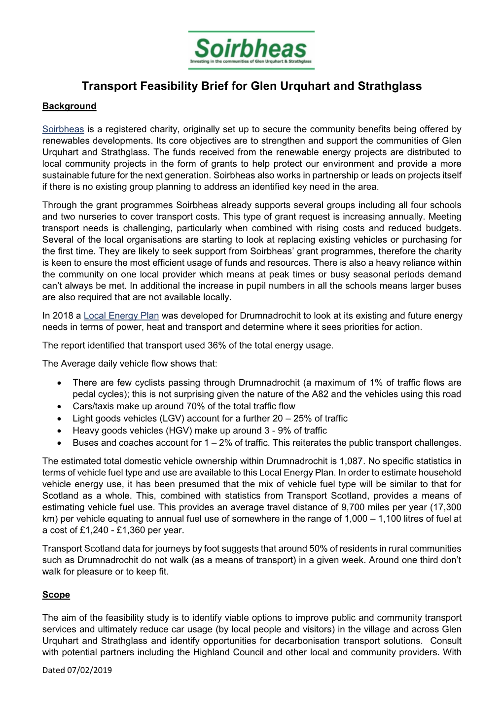 Transport Feasibility Brief for Glen Urquhart and Strathglass Background