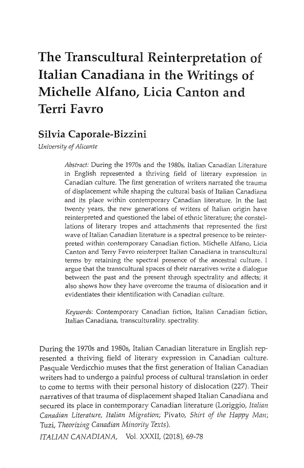 The Transcultural Reinterpretation of Italian Canadiana in the Writings of Michelle Alfano, Licia Canton and Terri Favro