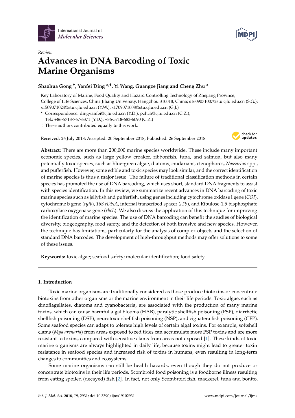 Advances in DNA Barcoding of Toxic Marine Organisms