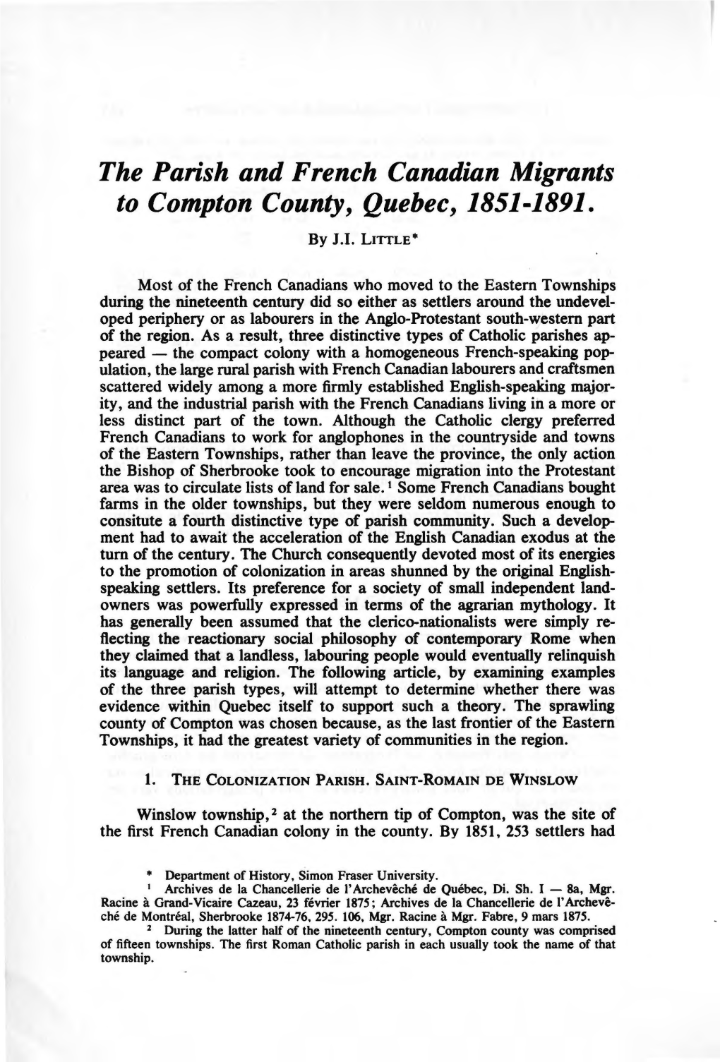The Parish and French Canadian Migrants to Compton County, Quebec, 1851-1891