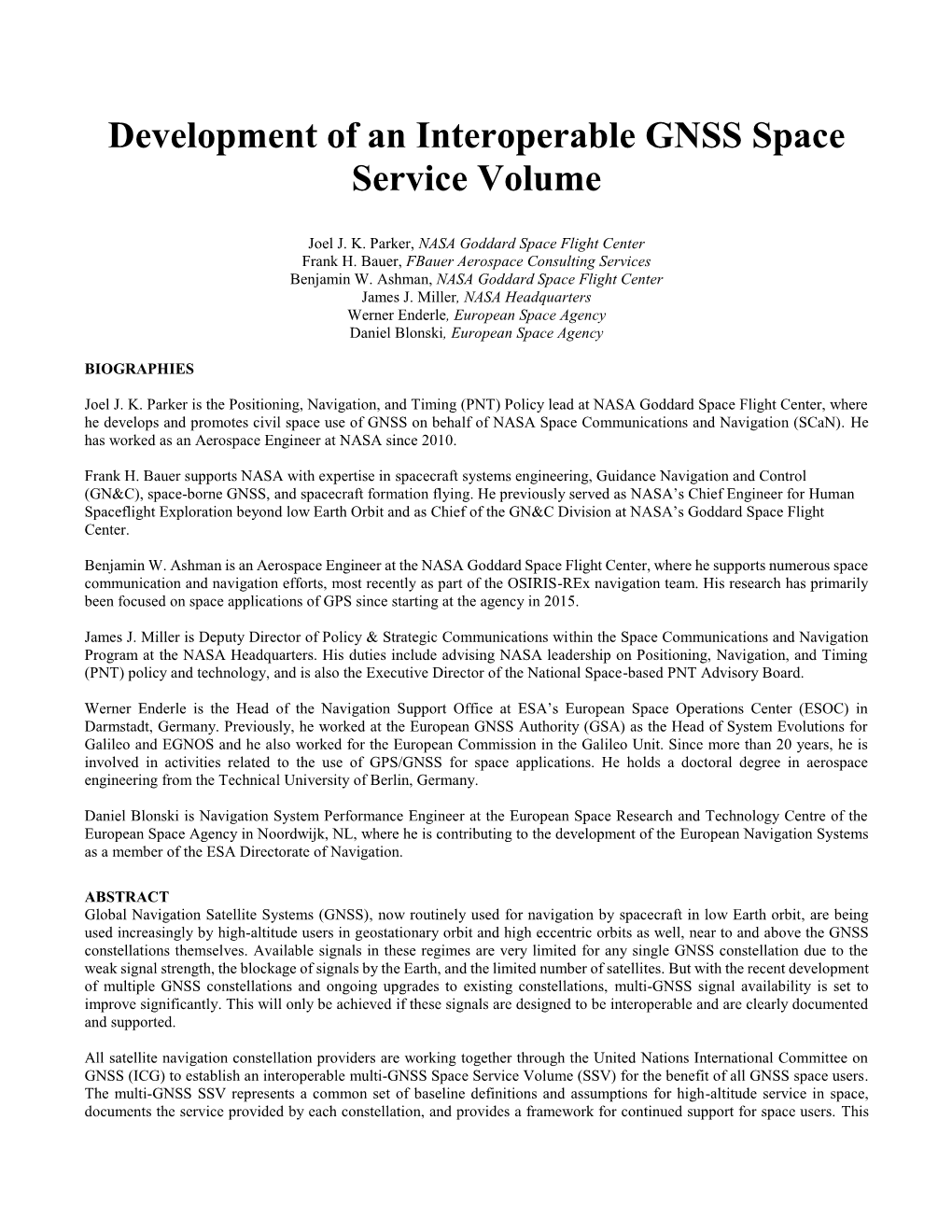 Development of an Interoperable GNSS Space Service Volume