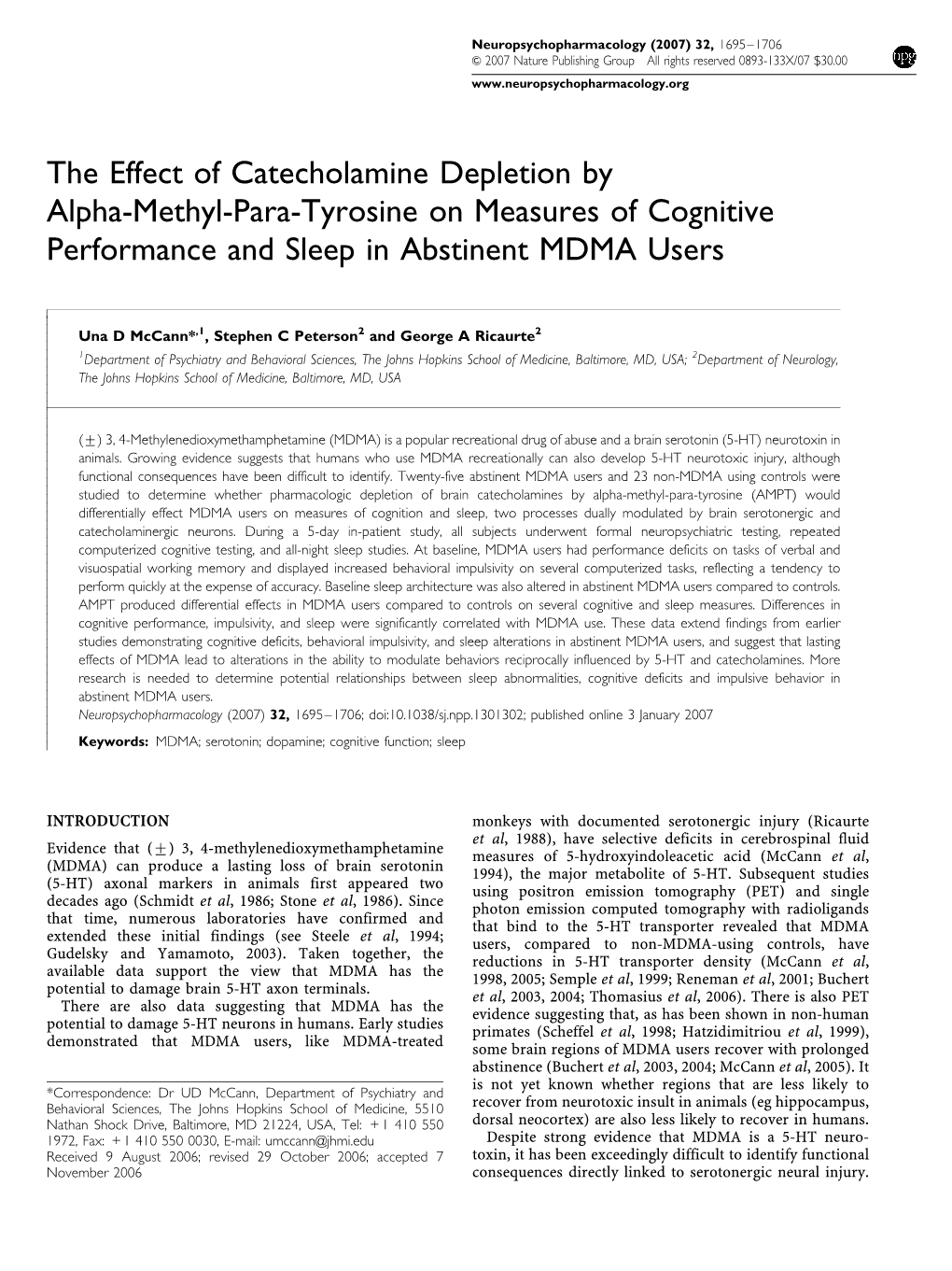 The Effect of Catecholamine Depletion by Alpha-Methyl-Para-Tyrosine on Measures of Cognitive Performance and Sleep in Abstinent MDMA Users
