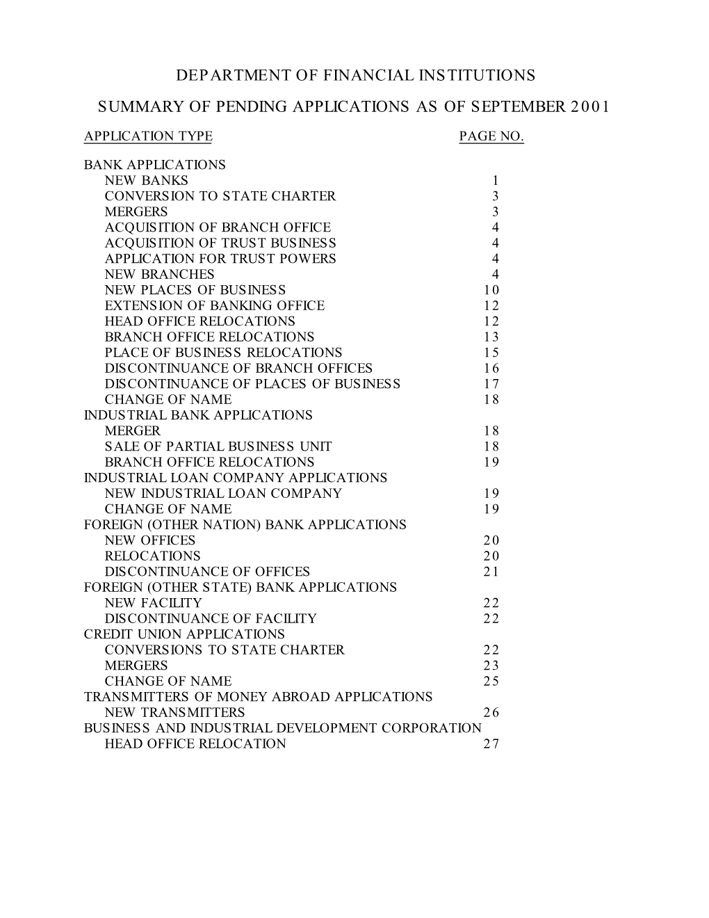 Department of Financial Institutions Summary of Pending Applications As of September 2001