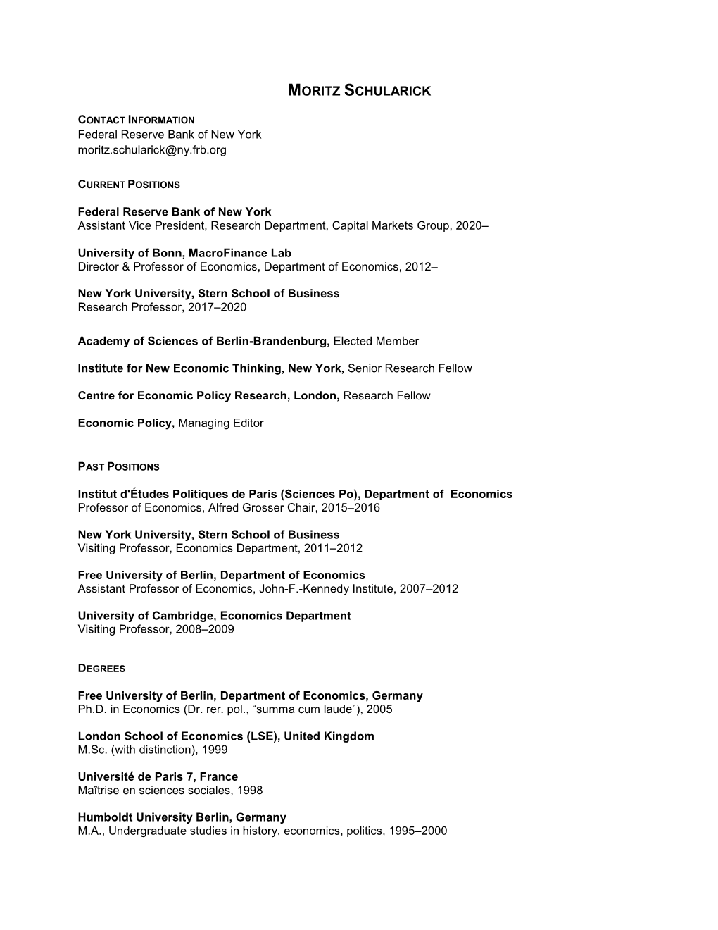 Moritz Schularick's Cv