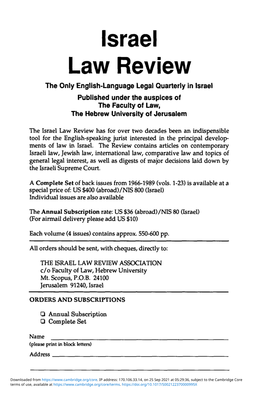 Israel Law Review the Only English-Language Legal Quarterly in Israel Published Under the Auspices of the Faculty of Law, the Hebrew University of Jerusalem