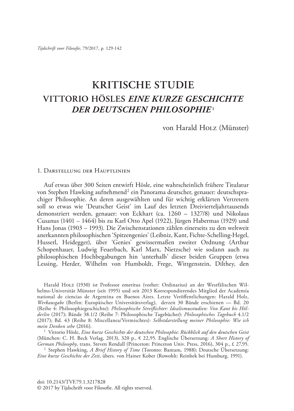 Kritische Studie Vittorio Hösles Eine Kurze Geschichte Der Deutschen Philosophie 1