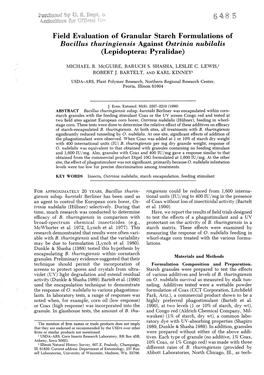 Field Evaluation of Granular Starch Formulations of Bacillus Thuringiensis Against Ostrinia Nubilalis (Lepidoptera: Pyralidae)