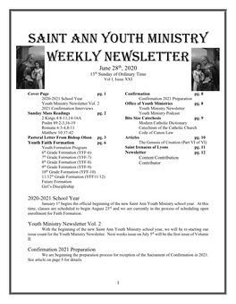 Saint Ann Youth Ministry Weekly Newsletter June 28Th, 2020 13Th Sunday of Ordinary Time Vol I, Issue XXI