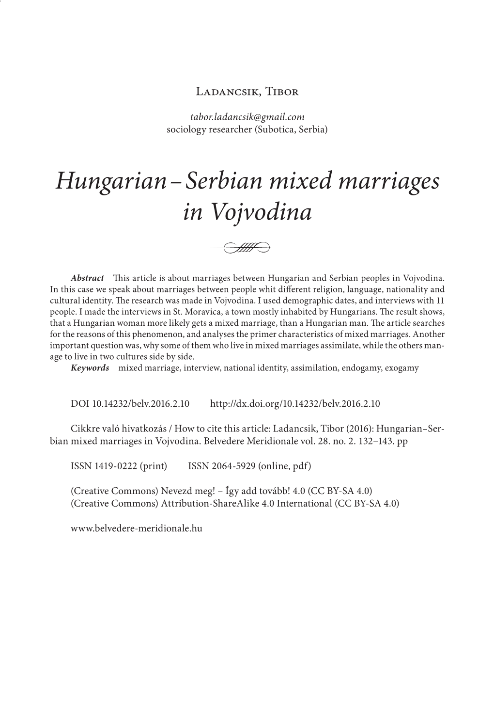 Hungarian– Serbian Mixed Marriages in Vojvodina