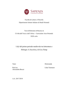 I Diji Del Primo Periodo Medievale Tra Letteratura E Filologia: Il Jiaozhou Ji Di Liu Xinqi