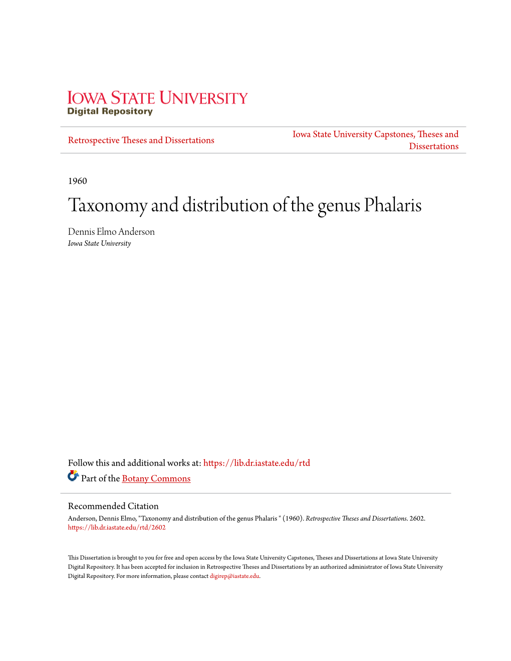 Taxonomy and Distribution of the Genus Phalaris Dennis Elmo Anderson Iowa State University