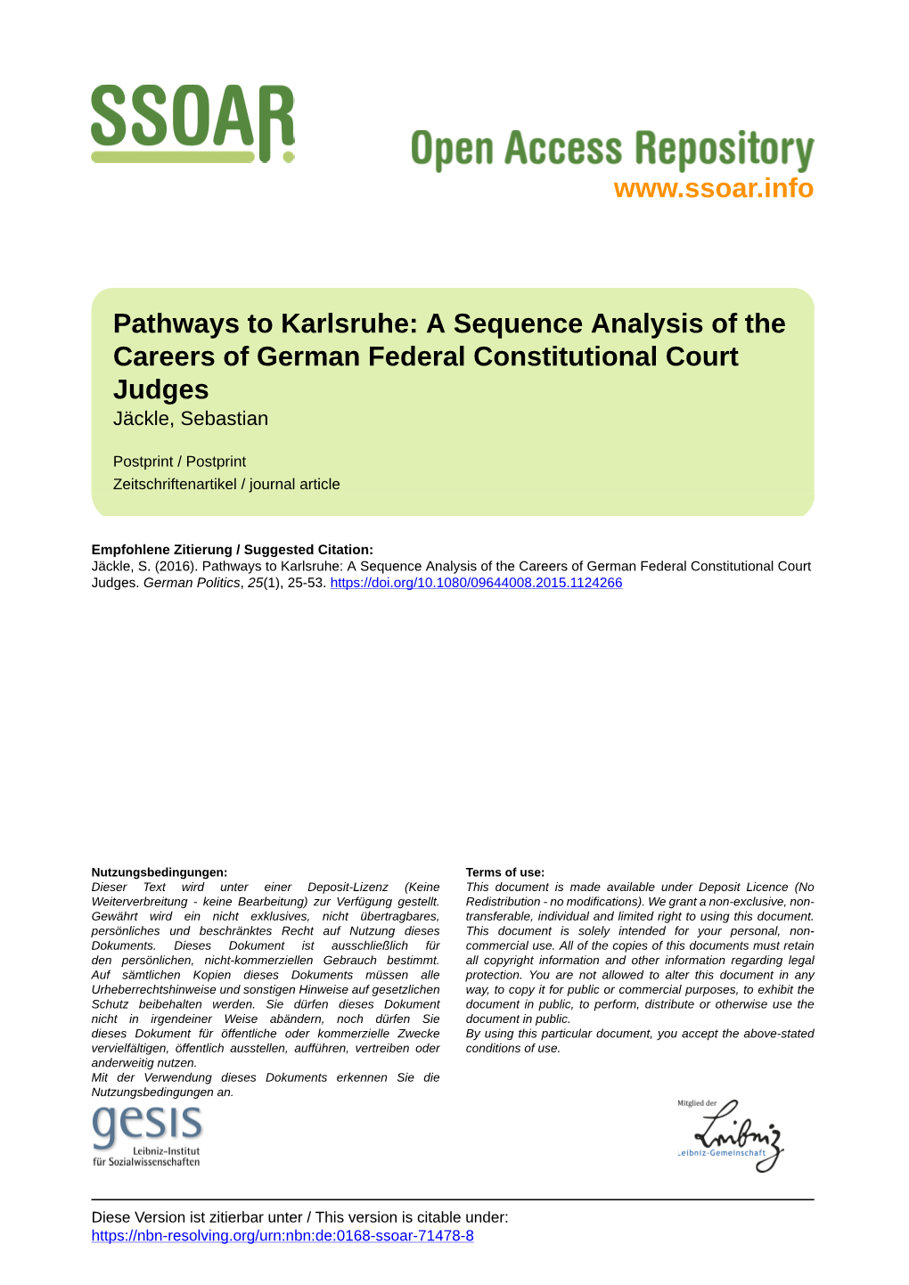 A Sequence Analysis of the Careers of German Federal Constitutional Court Judges Jäckle, Sebastian