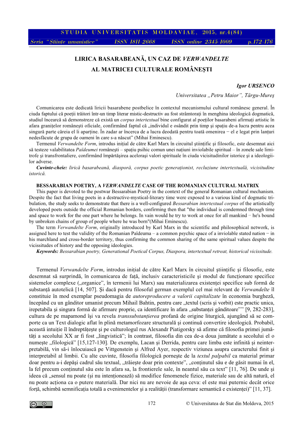 STUDIA UNIVERSITATIS MOLDAVIAE, 2015, Nr.4(84) Seria “{Tiin\E Umanistice” ISSN 1811-2668 ISSN Online 2345-1009 P.172-176