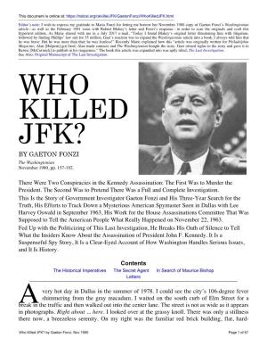 WHO KILLED JFK? by GAETON FONZI the Washingtonian November 1980, Pp