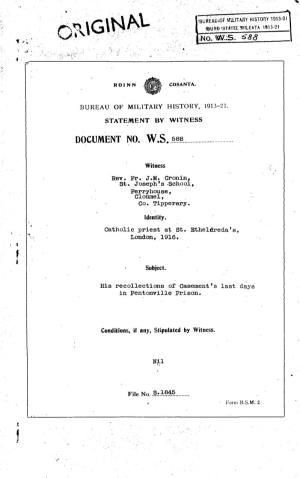 ROINN COSANTA. BUREAU of MILITARY HISTORY, 1913-21. STATEMENT by WITNESS DOCUMENT NO. W.S. 588 Witness Rev. Fr. J.M. Cronin