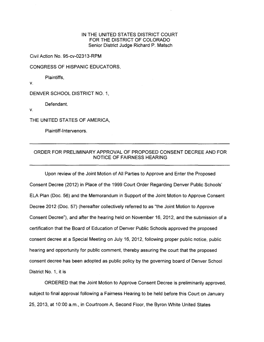 Order for Preliminary Approval of Proposed Consent Decree and for Notice of Fairness Hearing