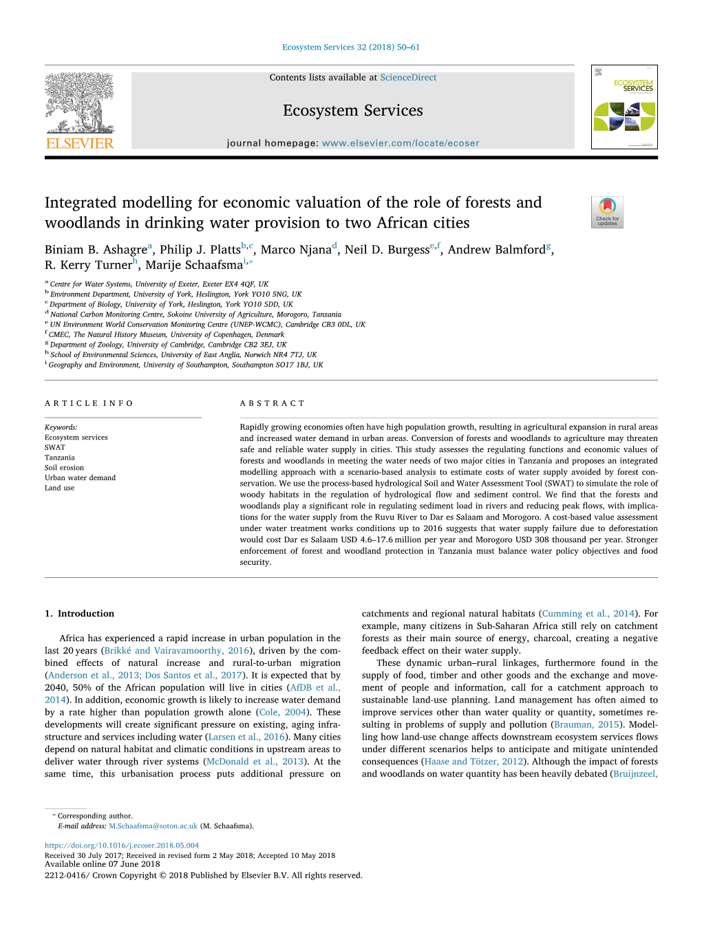 Integrated Modelling for Economic Valuation of the Role of Forests and Woodlands in Drinking Water Provision to Two African Cities T