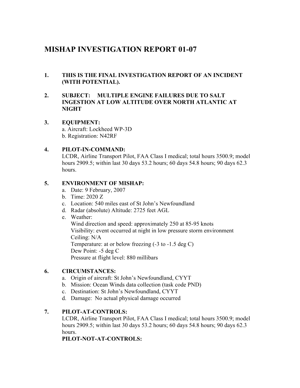 Mishap Investigation Report 01-07