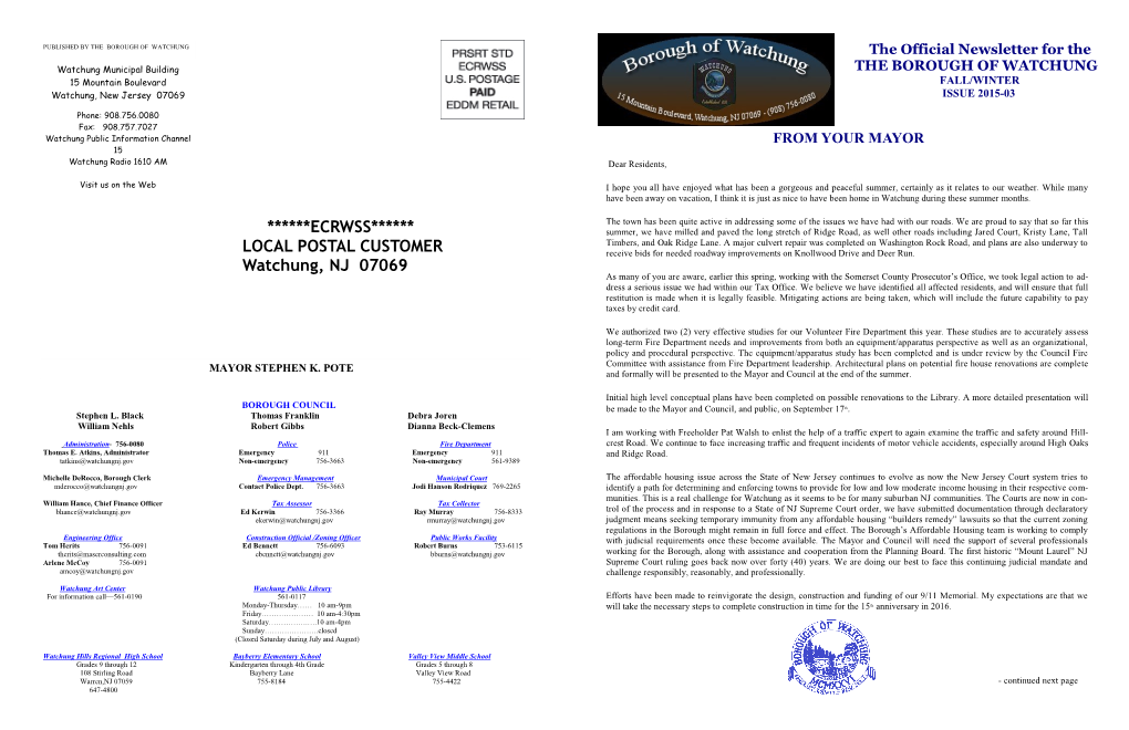 FALL/WINTER Watchung, New Jersey 07069 ISSUE 2015-03