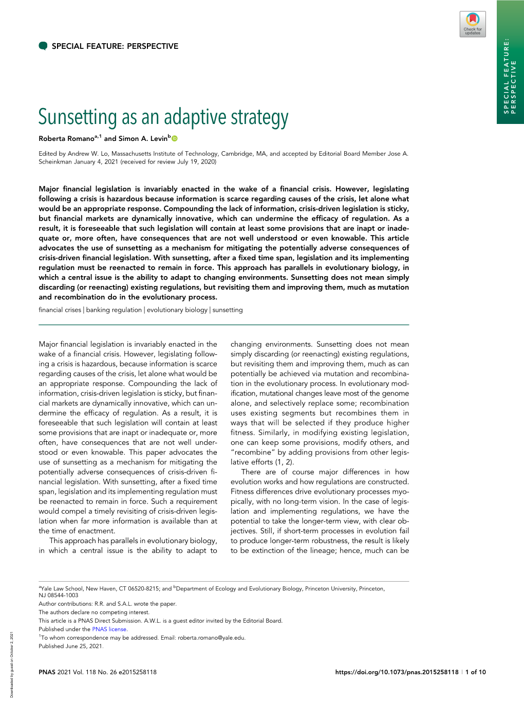 Sunsetting As an Adaptive Strategy SPECIAL FEATURE: PERSPECTIVE Roberta Romanoa,1 and Simon A