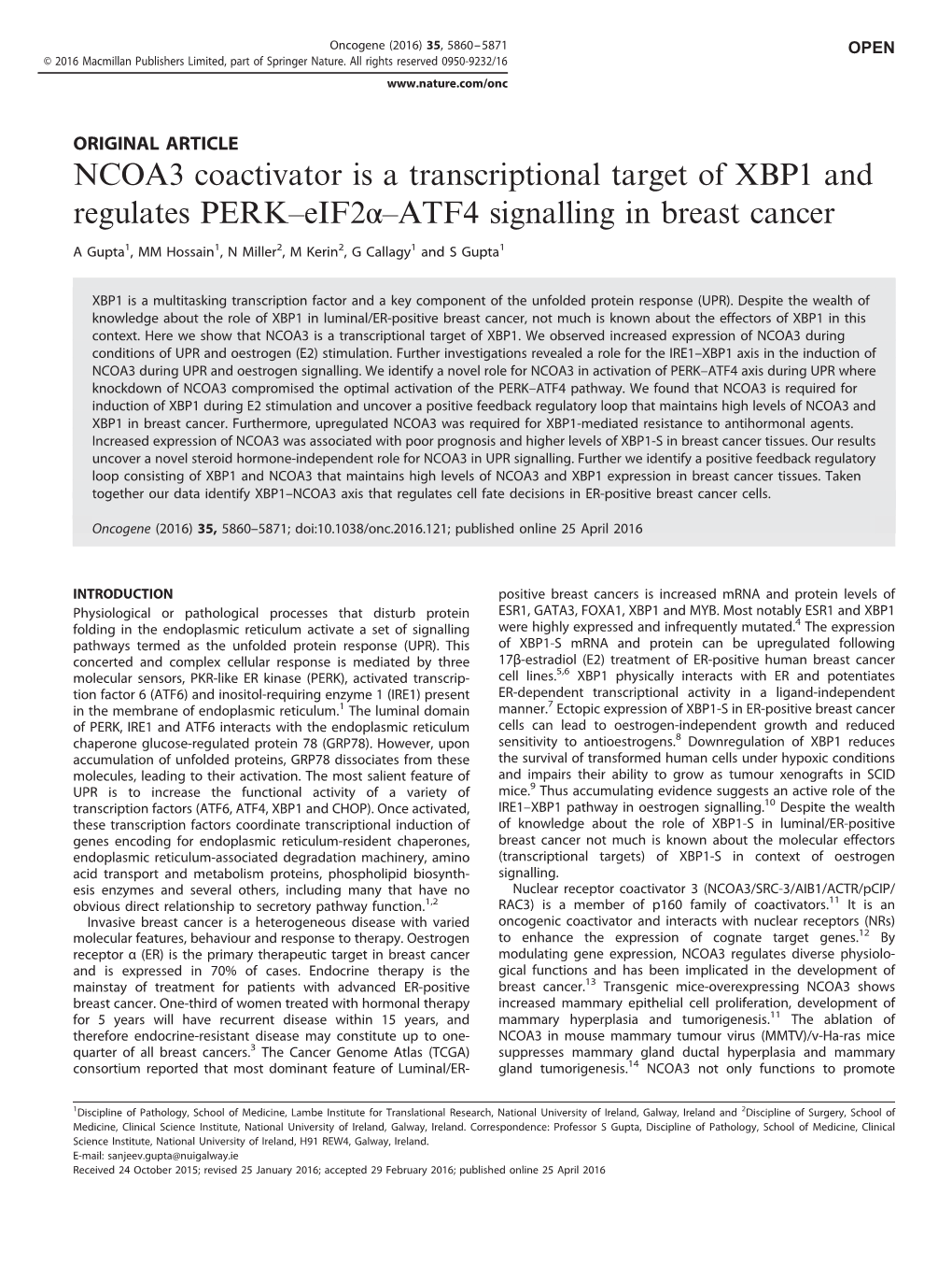 NCOA3 Coactivator Is a Transcriptional Target of XBP1 and Regulates PERK–Eif2α–ATF4 Signalling in Breast Cancer