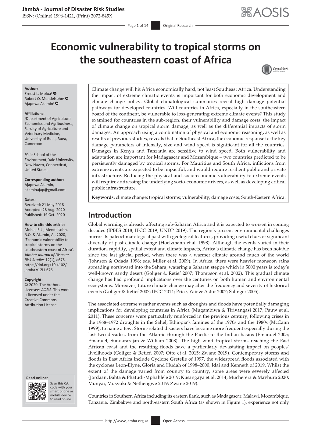 Economic Vulnerability to Tropical Storms on the Southeastern Coast of Africa